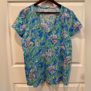 Lilly Pulitzer Etta V Neck Boca Blue Beneath the Bougainvillea Women’s Size XL